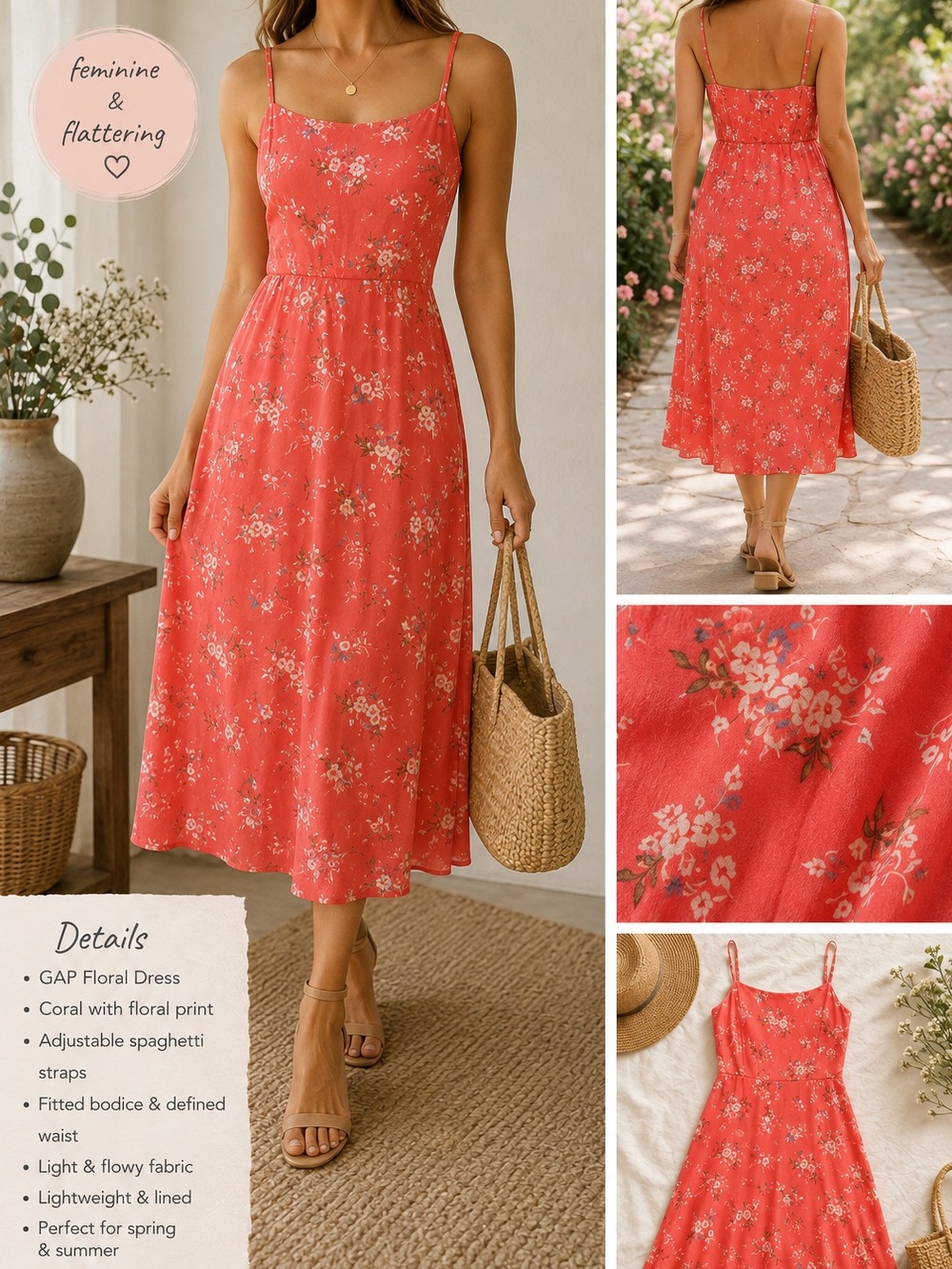 GAP Floral Spaghetti-Strap Midi Sun Dress in Coral Size Small